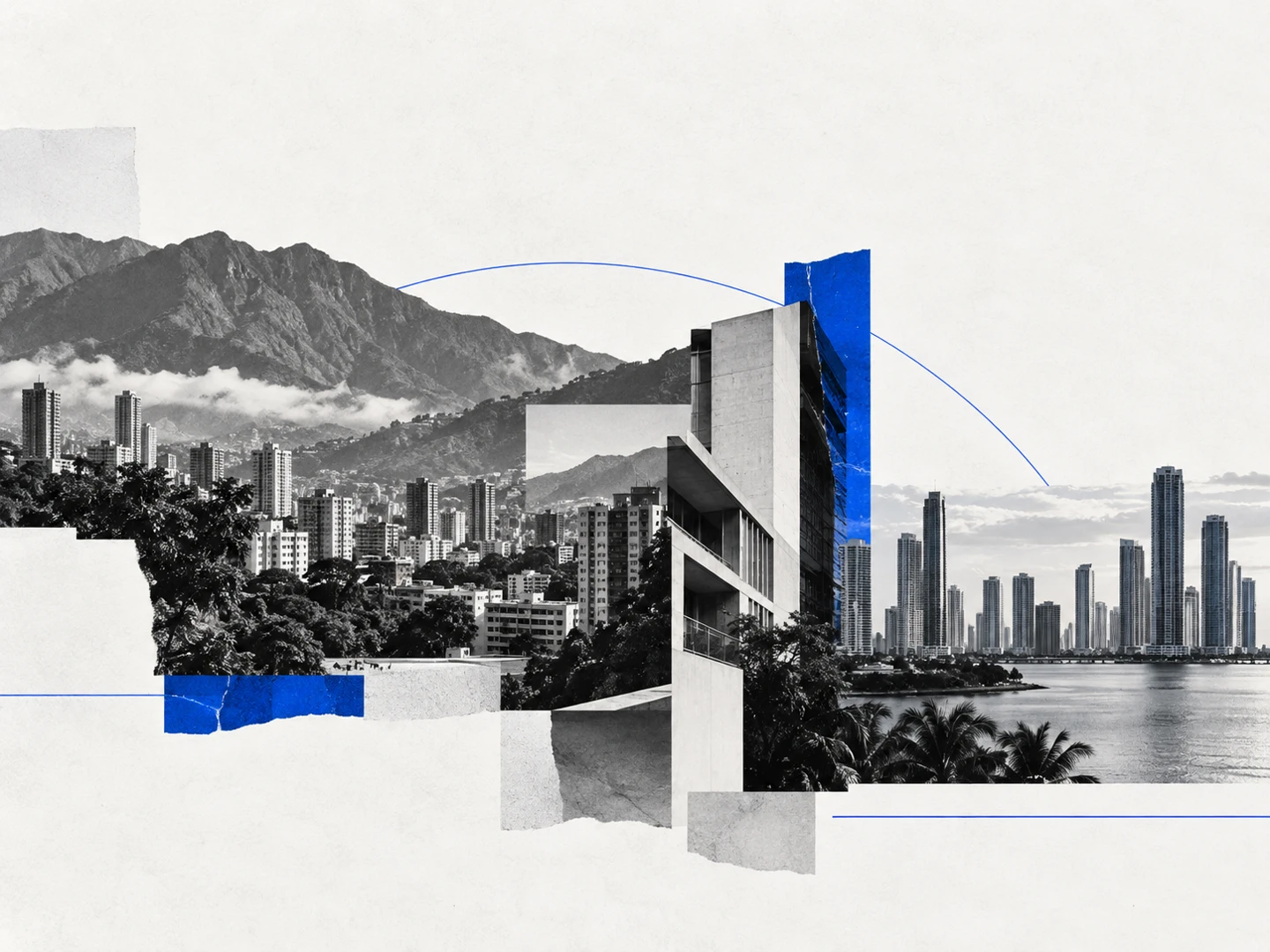 Editorial collage of city architecture and mountain landscapes, illustrating a cross-border perspective