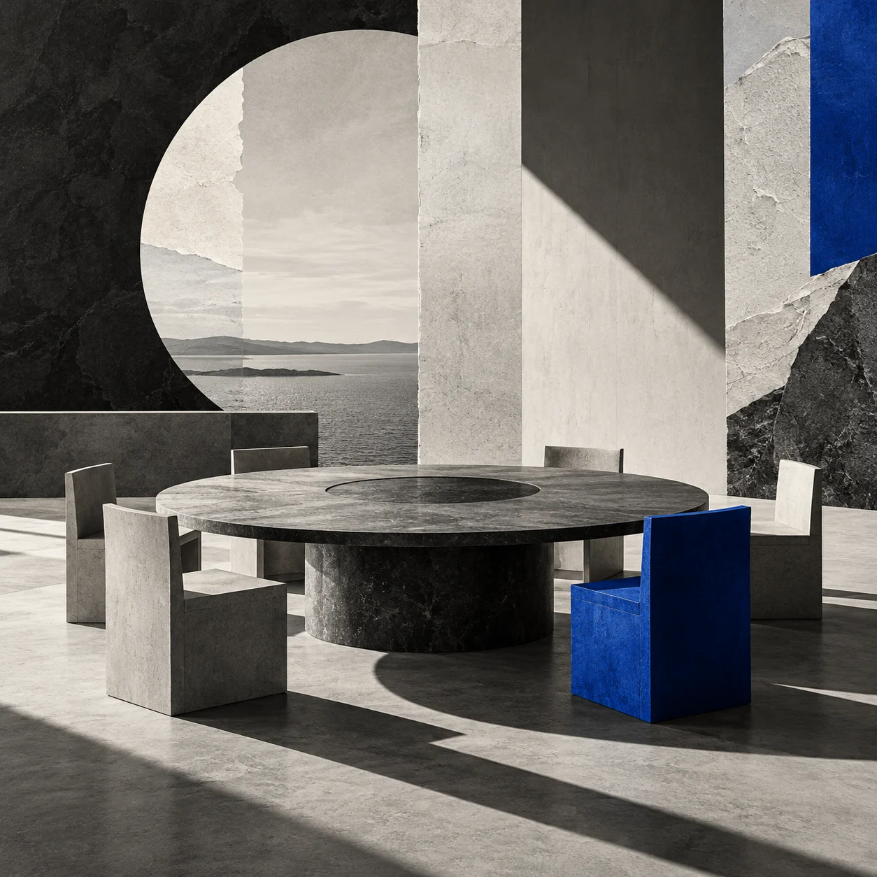 Conceptual editorial collage of a circular decision-making table, a cobalt blue seat and architectural shadows