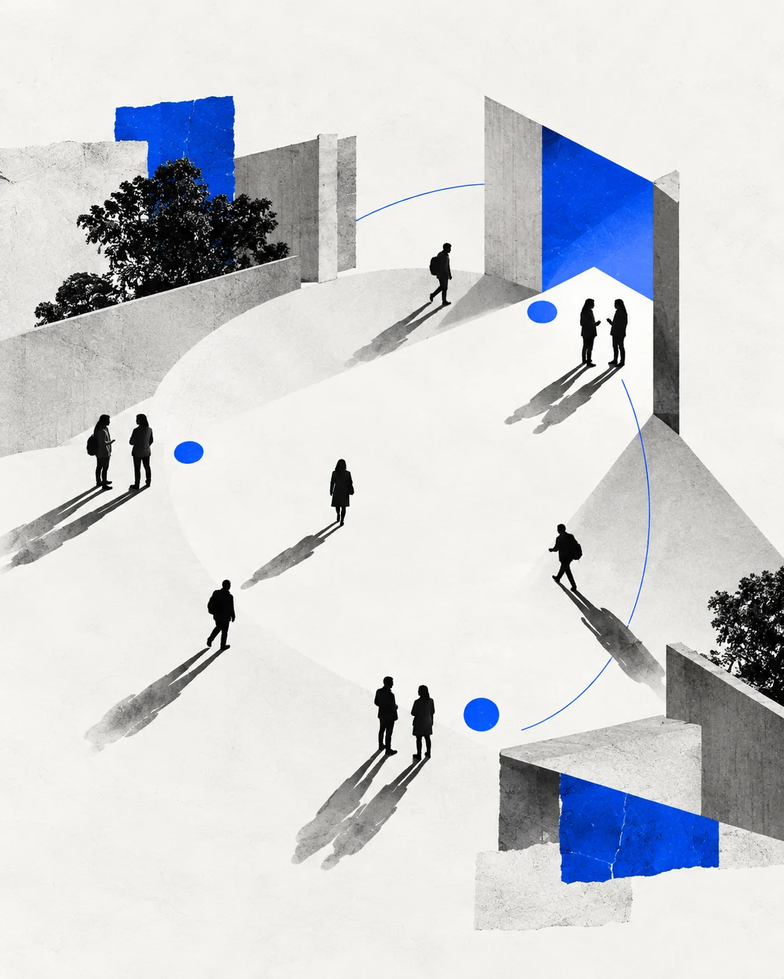 Conceptual editorial collage of anonymous people connecting in an open architectural space, with cobalt blue accents